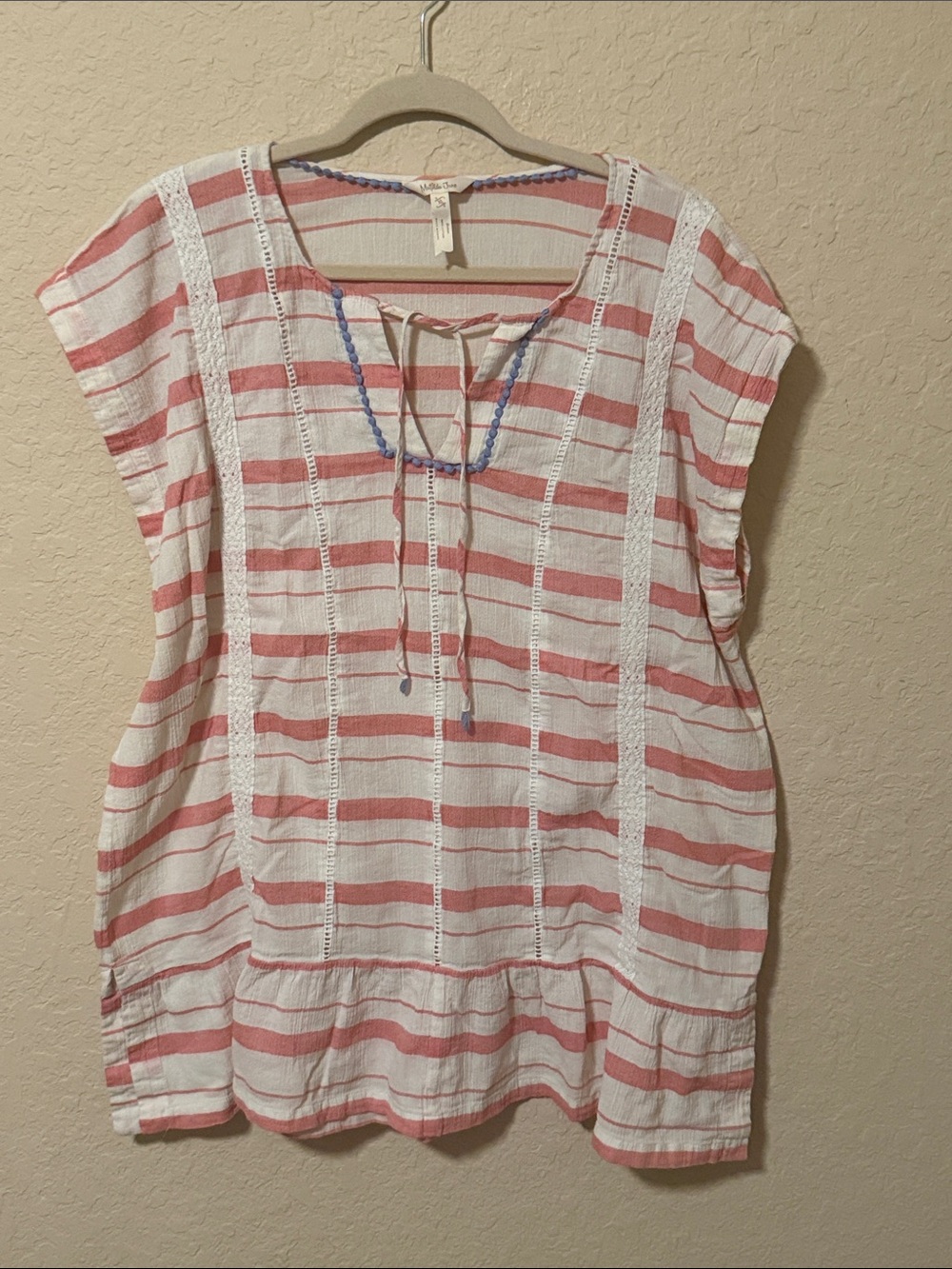 Matilda Jane Coral and White Striped Peasant Top with Braided Trim